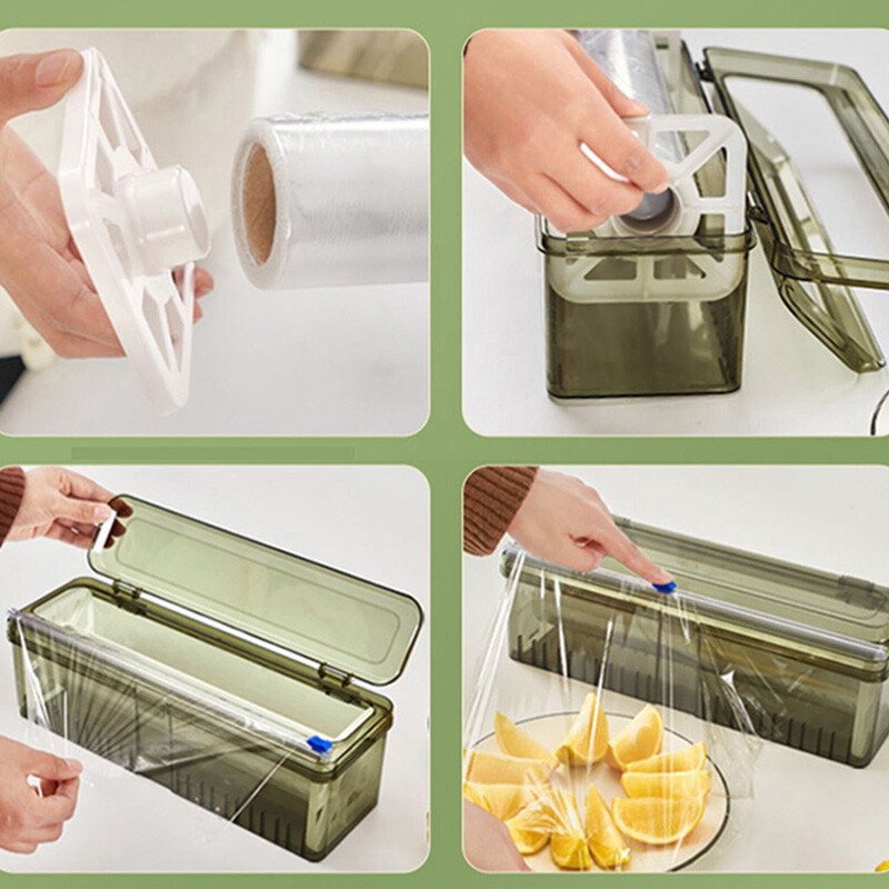 Plastikinio apvyniojimo dozatorius Daugkartinio užpildymo virtuvės apvyniojimo pjaustymo dėžutė su slankiojančiu pjaustytuvu, skirta aliuminio folijos vaško popieriaus pjaustymo dėžutei