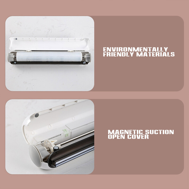 Plėvelės pjaustytuvas Aliuminio folija ir lipnios plėvelės dozatorius su slankiojančiu pjaustytuvu Daugkartinio naudojimo maisto pakuotės organizatorius Magnetinis virtuvės laikiklis