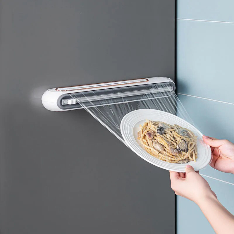 Daugkartinio naudojimo maisto įvyniojimo pjaustytuvas, magnetinis sieninis plastikinių įvyniojimų dozatorius, plėvelės pjaustytuvas su Slide Cutte lipnia plėvele