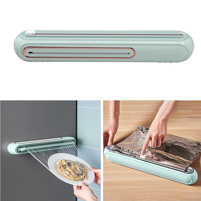 Daugkartinio naudojimo maisto įvyniojimo pjaustytuvas, magnetinis sieninis plastikinių įvyniojimų dozatorius, plėvelės pjaustytuvas su Slide Cutte lipnia plėvele