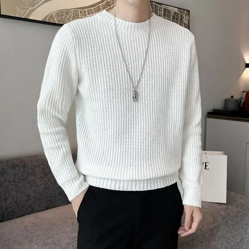 Pulover tricotat Pulovere pentru bărbați Îmbrăcăminte pentru bărbați negru Culoare uni Guler rotund Gâtul rotund Moda coreeană 2024 Pulover Lână A