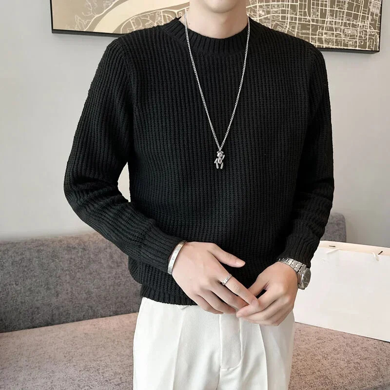 Pulover tricotat Pulovere pentru bărbați Îmbrăcăminte pentru bărbați negru Culoare uni Guler rotund Gâtul rotund Moda coreeană 2024 Pulover Lână A