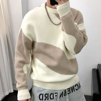 Мъжки дрехи Пуловери с кръгла яка Плетени пуловери за мъже Crewneck Color Matching Black Cigaret Ежедневни джъмпери в корейски стил S