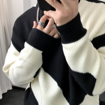 Мъжки дрехи Пуловери с кръгла яка Плетени пуловери за мъже Crewneck Color Matching Black Cigaret Ежедневни джъмпери в корейски стил S