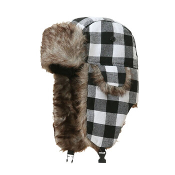 Winter Warm καρό Aviator Trapper Hat Fleeced Fur Faux Trooper Ear Flap Bomber Russian Winter Skiing Cap