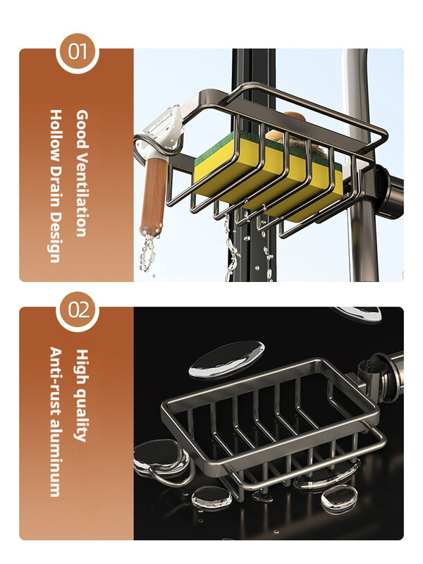 Aluminijski stalak za kuhinjsku slavinu Držač spužve Stalak za četke za suđe Stalak za odvod sudopera za pranje posuđa Košara za odlaganje sapuna Organizator sudopera