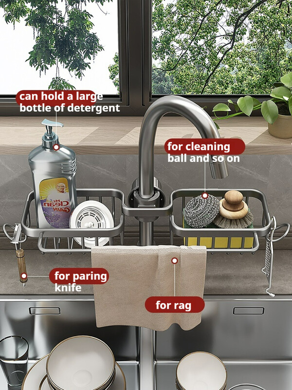 Aluminijski stalak za kuhinjsku slavinu Držač spužve Stalak za četke za suđe Stalak za odvod sudopera za pranje posuđa Košara za odlaganje sapuna Organizator sudopera