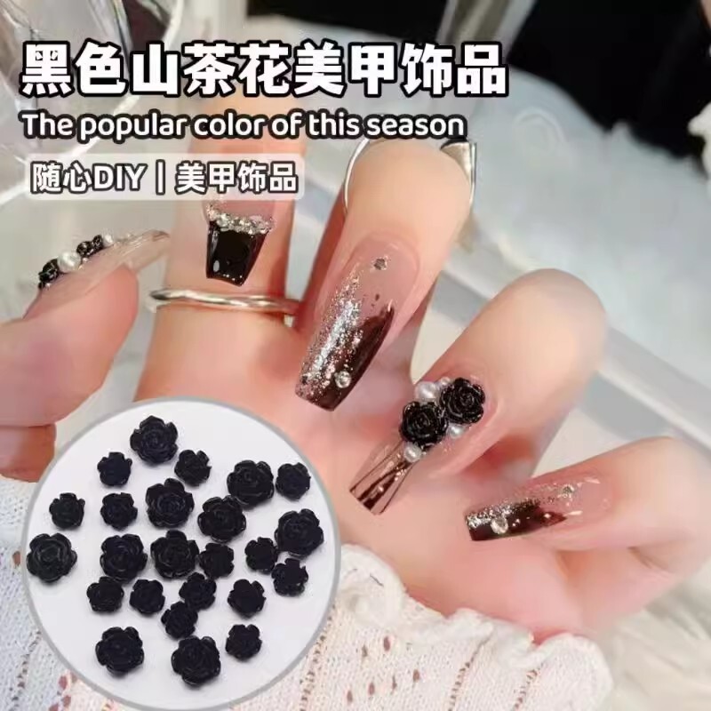 100kom crnih 3D privjesaka za nokte u obliku cvijeta kamelije Ukrasi za nokte s ravnim leđima u obliku cvijeta ruže za nokte s dragim kamenčićima Manikura Nakit za nokte