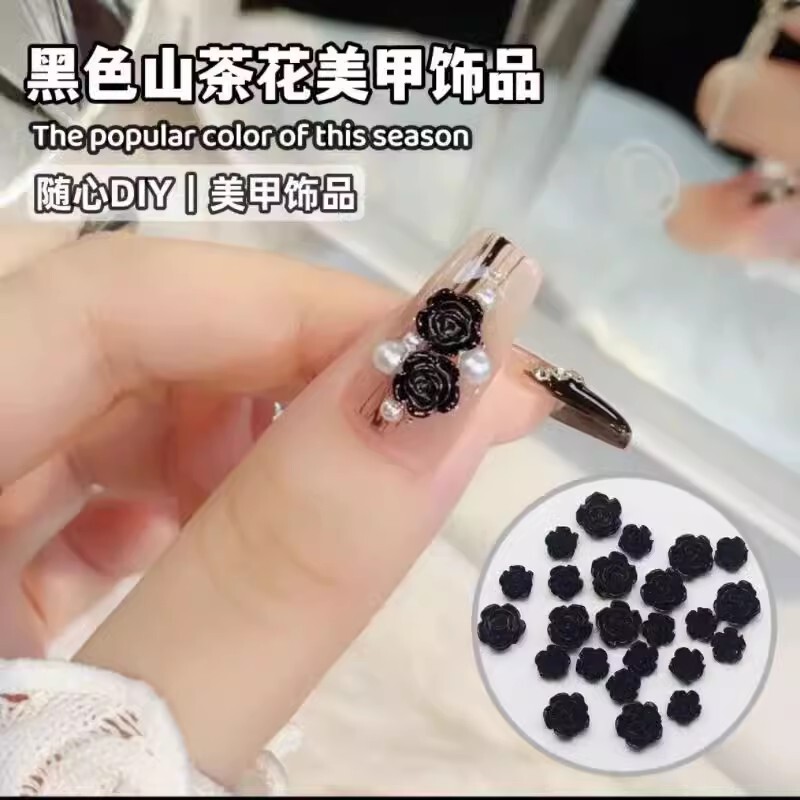 100kom crnih 3D privjesaka za nokte u obliku cvijeta kamelije Ukrasi za nokte s ravnim leđima u obliku cvijeta ruže za nokte s dragim kamenčićima Manikura Nakit za nokte