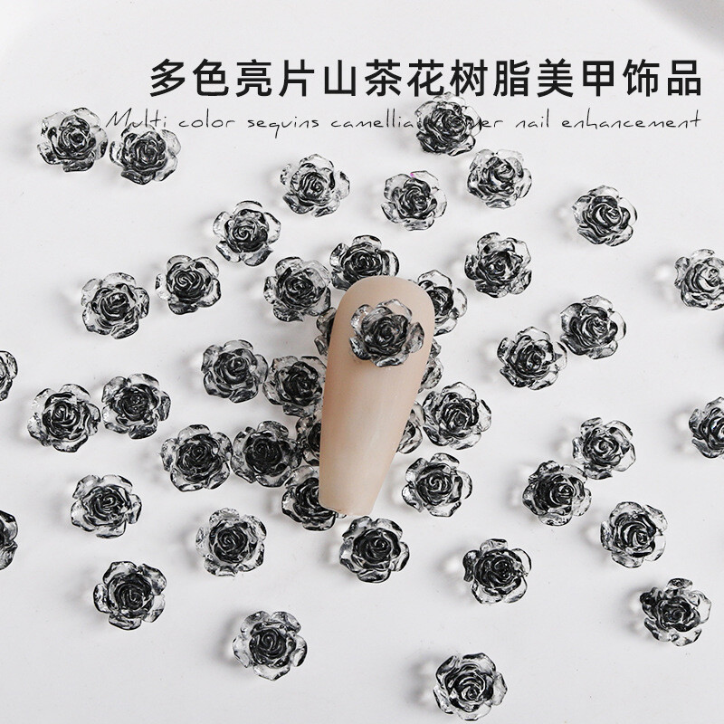100kom crnih 3D privjesaka za nokte u obliku cvijeta kamelije Ukrasi za nokte s ravnim leđima u obliku cvijeta ruže za nokte s dragim kamenčićima Manikura Nakit za nokte