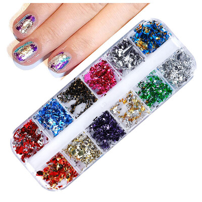 12 rešetki Zlatne folije Nepravilne prekrasne svjetlucave aluminijske ljuskice Paillette Chip Design Sjajne svjetlucave Ukrasi za nokte