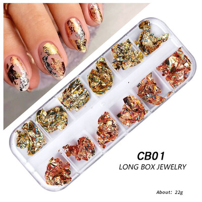 12 rešetki Zlatne folije Nepravilne prekrasne svjetlucave aluminijske ljuskice Paillette Chip Design Sjajne svjetlucave Ukrasi za nokte