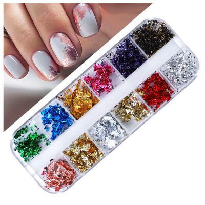 12 rešetki Zlatne folije Nepravilne prekrasne svjetlucave aluminijske ljuskice Paillette Chip Design Sjajne svjetlucave Ukrasi za nokte