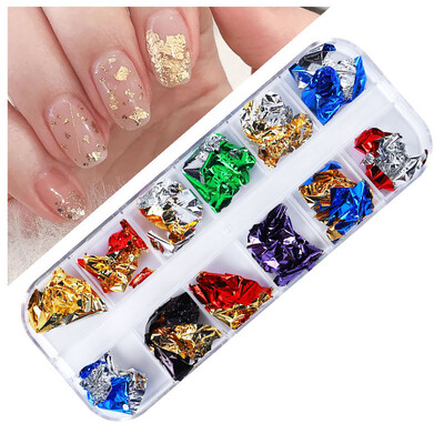 12 rešetki Zlatne folije Nepravilne prekrasne svjetlucave aluminijske ljuskice Paillette Chip Design Sjajne svjetlucave Ukrasi za nokte