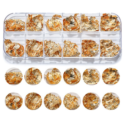 12 rešetki Zlatne folije Nepravilne prekrasne svjetlucave aluminijske ljuskice Paillette Chip Design Sjajne svjetlucave Ukrasi za nokte