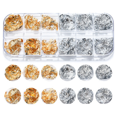 12 rešetki Zlatne folije Nepravilne prekrasne svjetlucave aluminijske ljuskice Paillette Chip Design Sjajne svjetlucave Ukrasi za nokte