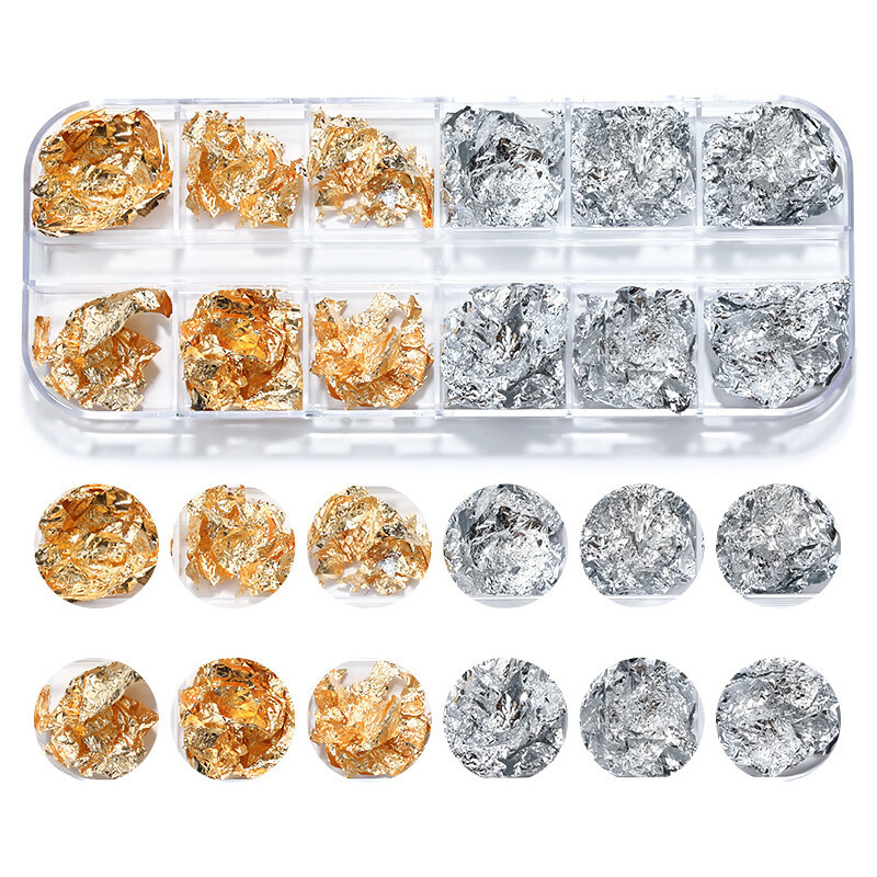 12 rešetki Zlatne folije Nepravilne prekrasne svjetlucave aluminijske ljuskice Paillette Chip Design Sjajne svjetlucave Ukrasi za nokte