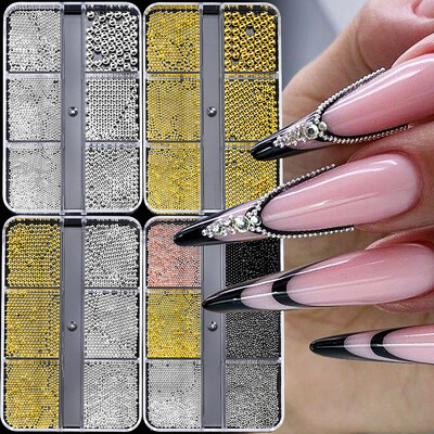 6Gird/cutie Mărgele caviar din oțel inoxidabil Nail Art Aliaj de dimensiuni mixte Aur/argint Pistol Mărgele pentru unghii Brelocuri 0,8-3mm Manichiură Micro Minge