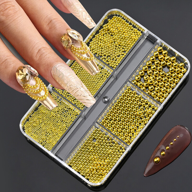 6 pojaseva/kutija Perle od kavijara od nehrđajućeg čelika Nail Art Mješovite veličine Legirano zlato/srebro Gun Bead Privjesci za nokte 0,8-3 mm Mikro kuglica za manikuru