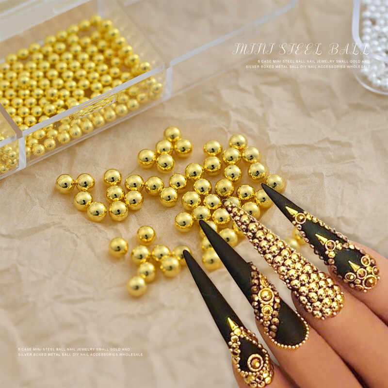 6 pojaseva/kutija Perle od kavijara od nehrđajućeg čelika Nail Art Mješovite veličine Legirano zlato/srebro Gun Bead Privjesci za nokte 0,8-3 mm Mikro kuglica za manikuru