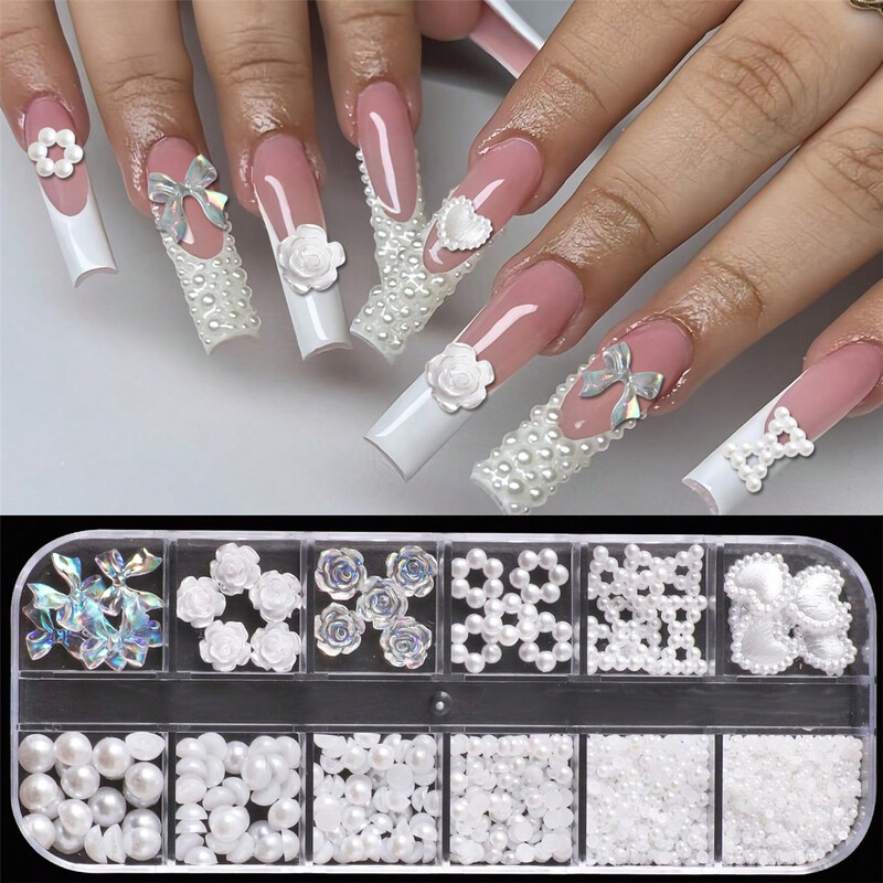 400PCS nokti biserni stereo ukrasi za nokte nokti s ravnim dnom DIY umjetnički ukrasi multi-style biserni nakit miješani trodimenzionalni