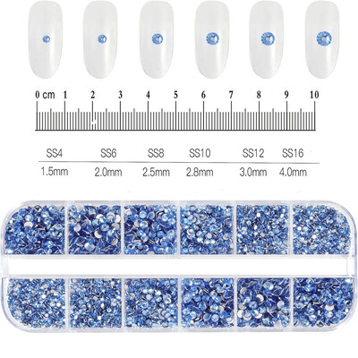 12Grids SS6-SS30 Μικτά στρας νυχιών γυαλιστερά διαφανή/χρυσό/ροζ/μπλε διαμάντι με επίπεδη πλάτη Πολύτιμοι λίθοι νυχιών Γυάλινες πέτρες Διακόσμηση νυχιών