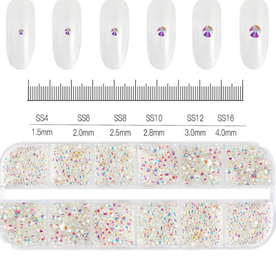 12Grids SS6-SS30 Μικτά στρας νυχιών γυαλιστερά διαφανή/χρυσό/ροζ/μπλε διαμάντι με επίπεδη πλάτη Πολύτιμοι λίθοι νυχιών Γυάλινες πέτρες Διακόσμηση νυχιών
