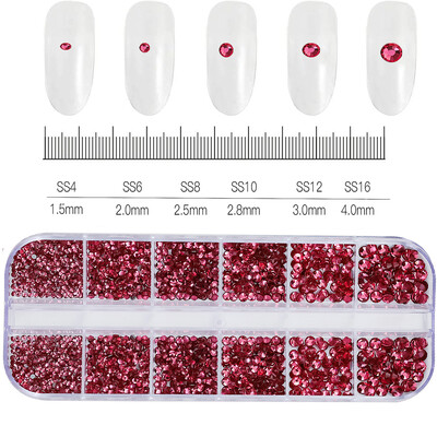 12Grids SS6-SS30 Μικτά στρας νυχιών γυαλιστερά διαφανή/χρυσό/ροζ/μπλε διαμάντι με επίπεδη πλάτη Πολύτιμοι λίθοι νυχιών Γυάλινες πέτρες Διακόσμηση νυχιών