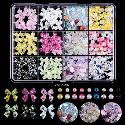 Μικτό ακρυλικό παπιγιόν τρισδιάστατα διακοσμητικά νυχιών λουλουδάτα ρητίνη Γούρια Χρυσές χάντρες Χαβιάρι μαργαριτάρι Μικτά στρας Αξεσουάρ σε κουτί