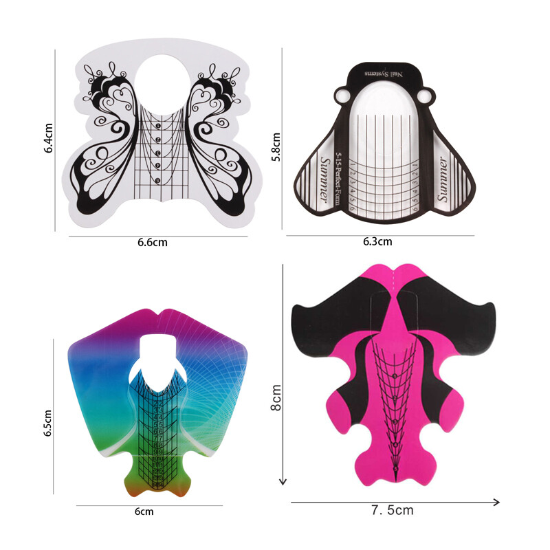 50 vnt. Bičių/drugelio/pasagos profesionalus nagų formos lipdukas French Tips Extension Builder akrilo gelio vadovas pelėsių manikiūro įrankis