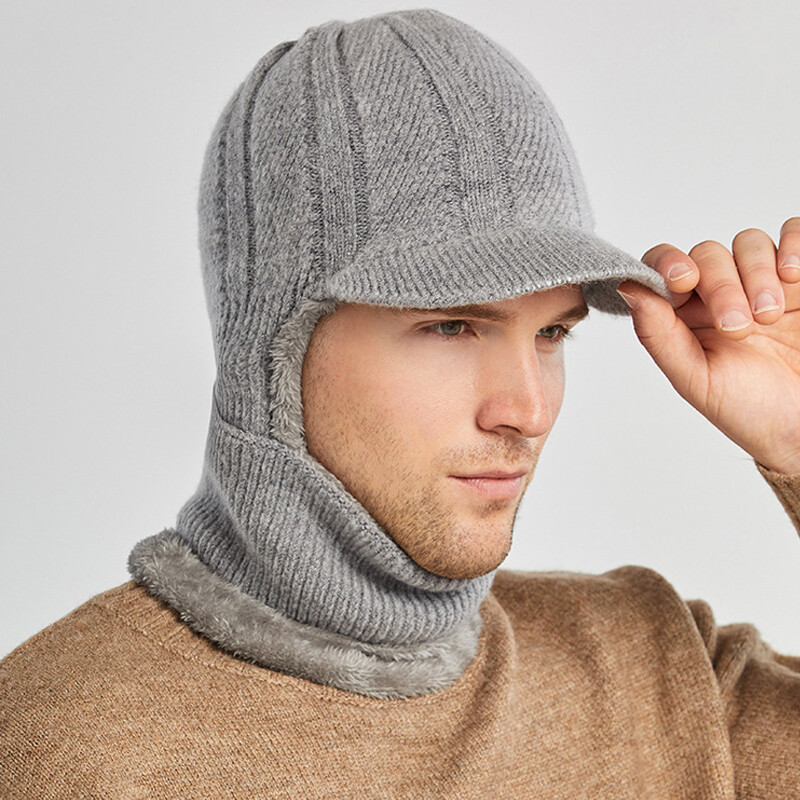 Χειμερινό πλεκτό καπέλο 3 σε 1 για άντρες Μεταλλικό σήμα Παχύ βελούδινο ζεστό καπέλο πουλόβερ μονόχρωμο σαλιάρα σιαμέζικο καπέλο σκι Balaclava πέπλο
