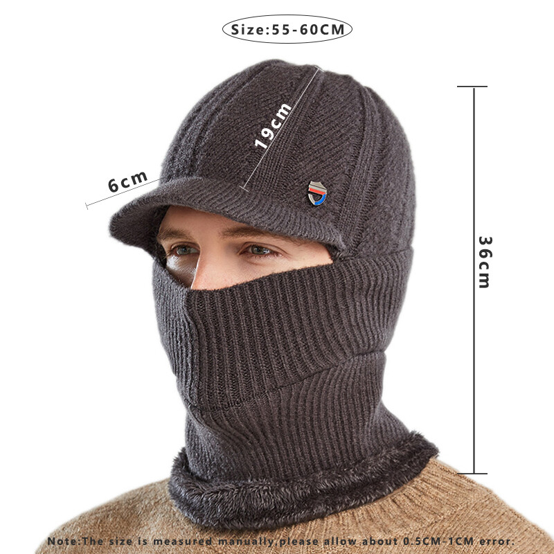 Χειμερινό πλεκτό καπέλο 3 σε 1 για άντρες Μεταλλικό σήμα Παχύ βελούδινο ζεστό καπέλο πουλόβερ μονόχρωμο σαλιάρα σιαμέζικο καπέλο σκι Balaclava πέπλο