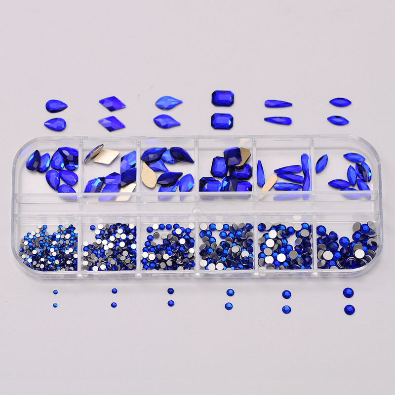 12 Ζώνες Πολλαπλών Μεγεθών Κόκκινο/Μπλε Non Hotfix Γούρια νυχιών Στρας Flatback Crystal Glitter Κοσμήματα πολύτιμοι λίθοι για διακόσμηση νυχιών