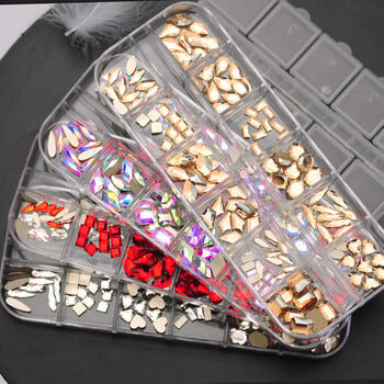 12Girds Box Πολλαπλών Μεγεθών Πολύχρωμα στρας Flatback Crystal Diamond Gems Glitter 3D Nail Art Πολυτελής διακόσμηση