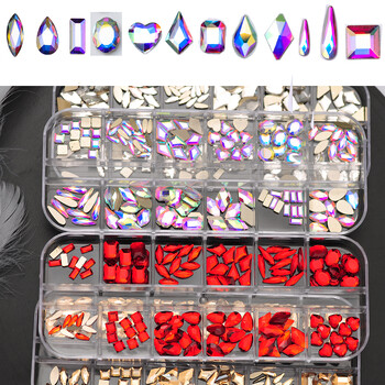 12Girds Box Πολλαπλών Μεγεθών Πολύχρωμα στρας Flatback Crystal Diamond Gems Glitter 3D Nail Art Πολυτελής διακόσμηση