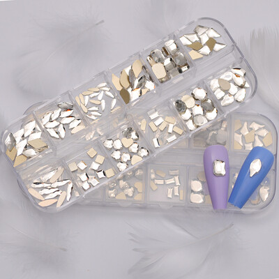 12Girds Box Πολλαπλών Μεγεθών Πολύχρωμα στρας Flatback Crystal Diamond Gems Glitter 3D Nail Art Πολυτελής διακόσμηση