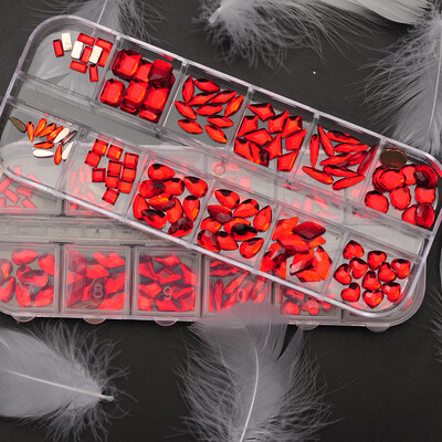 12Girds Box Πολλαπλών Μεγεθών Πολύχρωμα στρας Flatback Crystal Diamond Gems Glitter 3D Nail Art Πολυτελής διακόσμηση