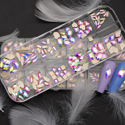 12Girds Box Πολλαπλών Μεγεθών Πολύχρωμα στρας Flatback Crystal Diamond Gems Glitter 3D Nail Art Πολυτελής διακόσμηση