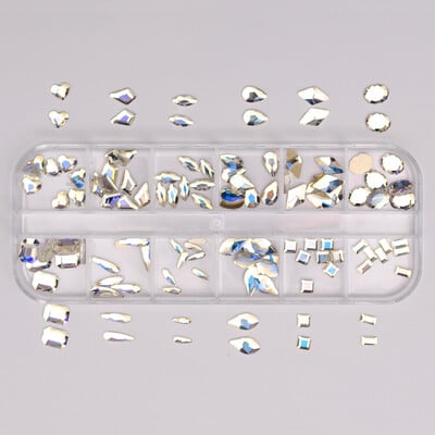 12Girds Box Πολλαπλών Μεγεθών Πολύχρωμα στρας Flatback Crystal Diamond Gems Glitter 3D Nail Art Πολυτελής διακόσμηση