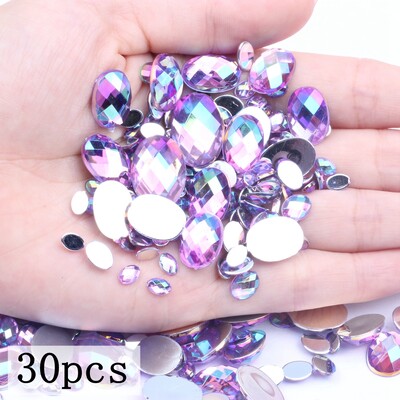 Akrilni kamenčići Ovalne zemljane strane 10x14 mm 30/200 kom Mnogo AB boja Ravno ljepilo na perlama DIY Ukrasi za izradu nakita