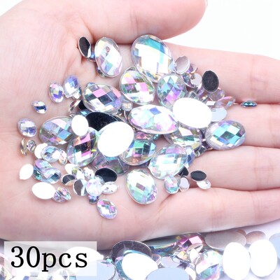 Akrilni kamenčići Ovalne zemljane strane 10x14 mm 30/200 kom Mnogo AB boja Ravno ljepilo na perlama DIY Ukrasi za izradu nakita