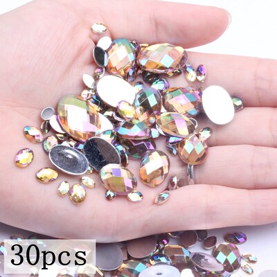 Akrilni kamenčići Ovalne zemljane strane 10x14 mm 30/200 kom Mnogo AB boja Ravno ljepilo na perlama DIY Ukrasi za izradu nakita