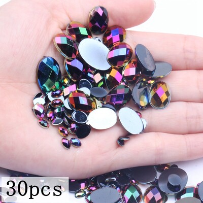 Akrilni kamenčići Ovalne zemljane strane 10x14 mm 30/200 kom Mnogo AB boja Ravno ljepilo na perlama DIY Ukrasi za izradu nakita
