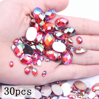 Akrilni kamenčići Ovalne zemljane strane 10x14 mm 30/200 kom Mnogo AB boja Ravno ljepilo na perlama DIY Ukrasi za izradu nakita