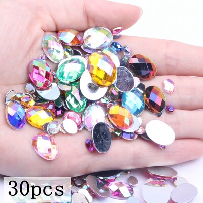 Akrilni kamenčići Ovalne zemljane strane 10x14 mm 30/200 kom Mnogo AB boja Ravno ljepilo na perlama DIY Ukrasi za izradu nakita