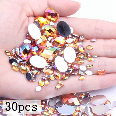 Akrilni kamenčići Ovalne zemljane strane 10x14 mm 30/200 kom Mnogo AB boja Ravno ljepilo na perlama DIY Ukrasi za izradu nakita