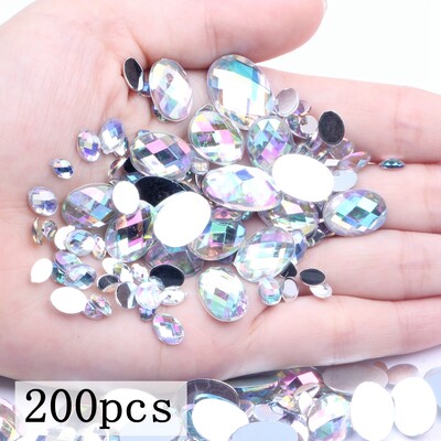 Akrilni kamenčići Ovalne zemljane strane 10x14 mm 30/200 kom Mnogo AB boja Ravno ljepilo na perlama DIY Ukrasi za izradu nakita