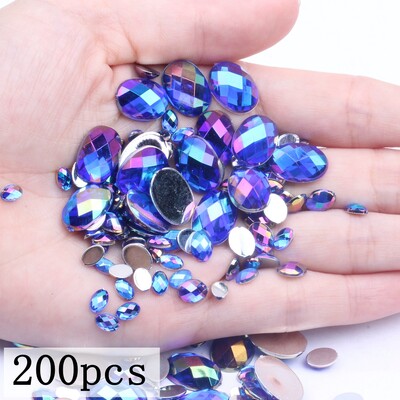 Akrilni kamenčići Ovalne zemljane strane 10x14 mm 30/200 kom Mnogo AB boja Ravno ljepilo na perlama DIY Ukrasi za izradu nakita