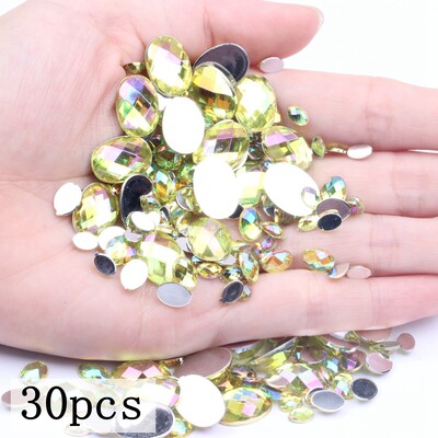 Akrilni kamenčići Ovalne zemljane strane 10x14 mm 30/200 kom Mnogo AB boja Ravno ljepilo na perlama DIY Ukrasi za izradu nakita
