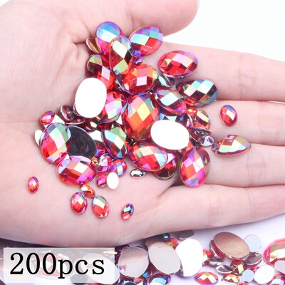 Akrilni kamenčići Ovalne zemljane strane 10x14 mm 30/200 kom Mnogo AB boja Ravno ljepilo na perlama DIY Ukrasi za izradu nakita